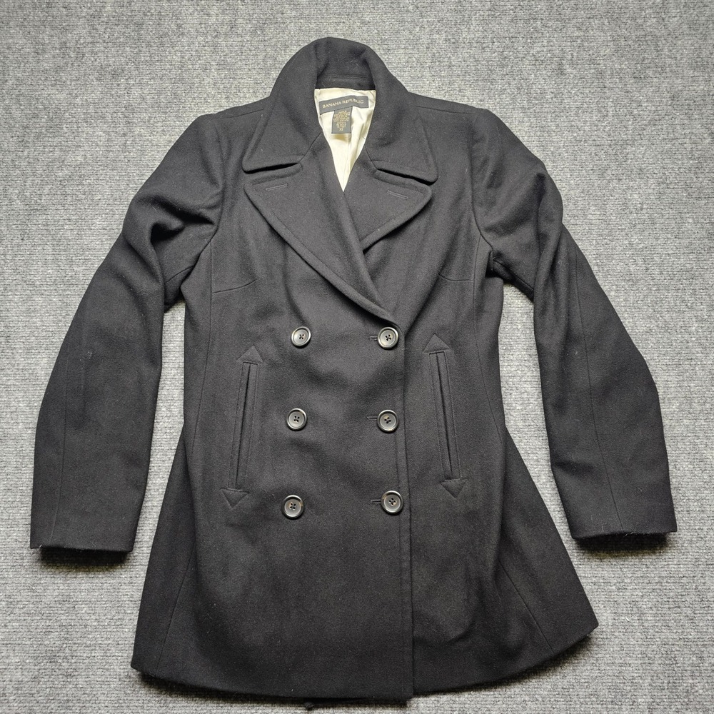 Banana Republic Womens Black Wool Blend Double Breasted Pea Coat Jacket XS
